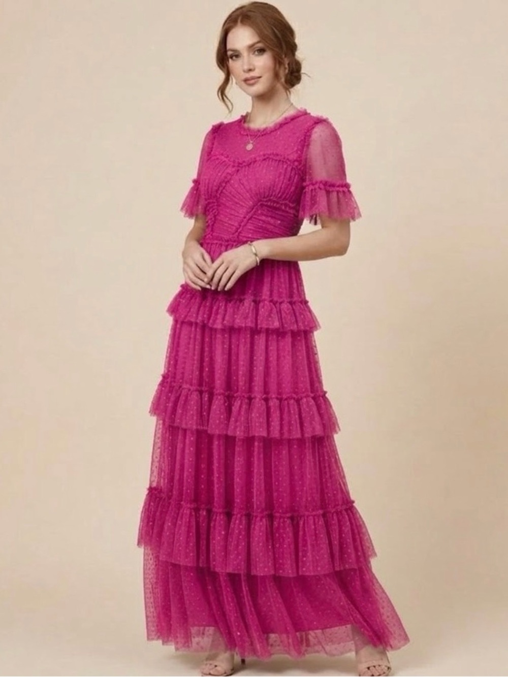 Ivy City Co Hot Pink Tiered Ruffle Maxi Dress